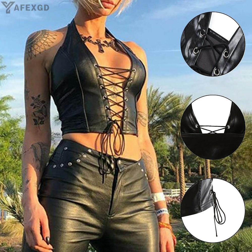 Áo corset da PU phối ren phong cách Gothic cho nữ