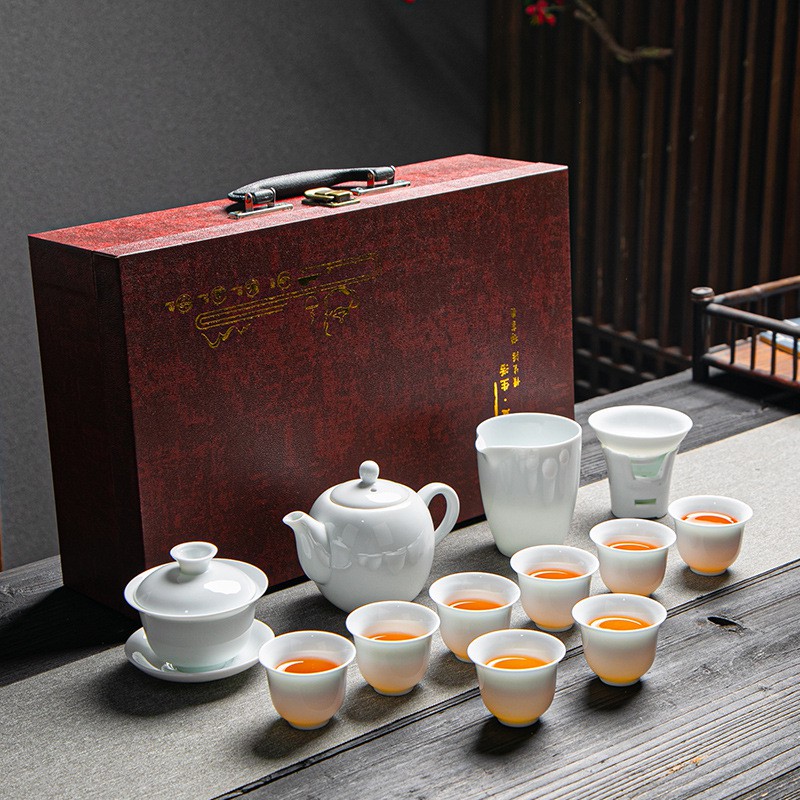 Bộ ấm chén pha trà đạo bằng sứ Bạch Định Thấu Quang