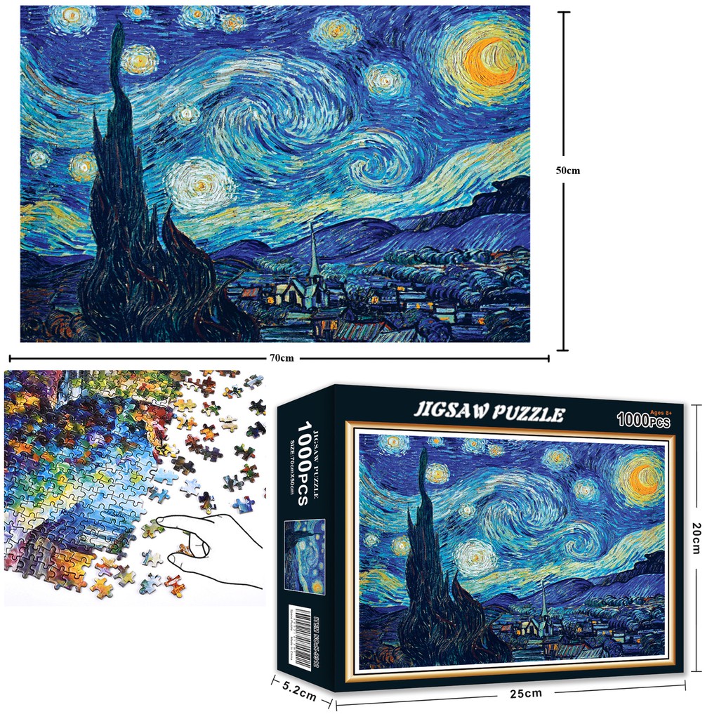 Bộ Tranh Ghép Xếp Hình 1000 Pcs Jigsaw Puzzle Starry Night của danh họa Vincent Van Gogh Thú Vị Cao Cấp-H38