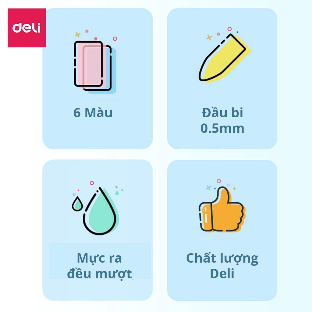 [Mã LIFEDELI3 giảm 50K đơn 99K] Set bút gel nhiều màu Deli - có đệm tay - 6 màu - A123