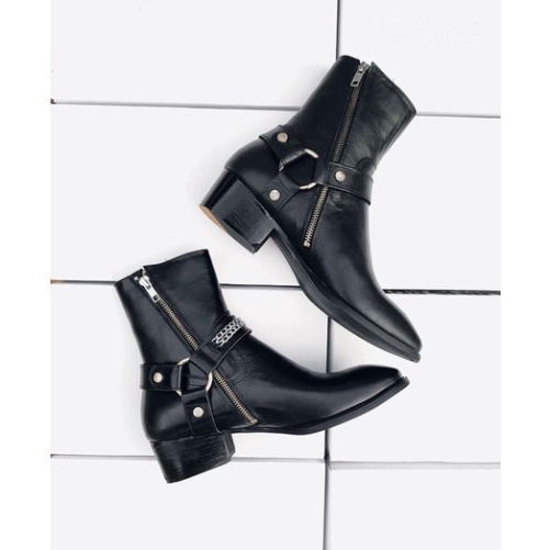 Giày thời trang nam cao cổ Harness boots da bò nguyên tấm đế gỗ tăng chiều cao 4.5cm | BigBuy360 - bigbuy360.vn