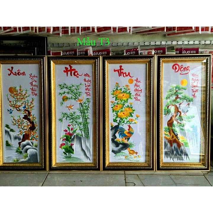 Tranh treo tường phòng khách, Tranh thêu thành phẩm tứ quý Xuân hà thu đông chưa khung