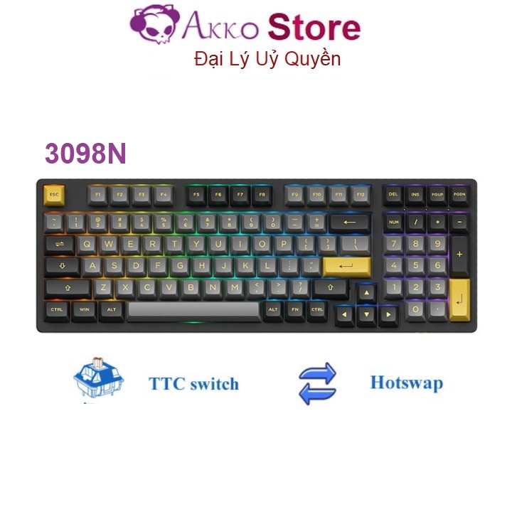 Bàn phím cơ AKKO 3098N Multi-modes Black Gold (Bluetooth 5.0 / Wireless 2.4Ghz / Hotswap  / TTC switch )