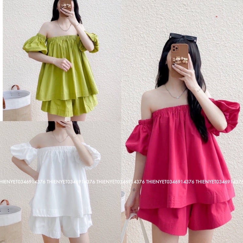 SÉT PHỒNG RỘNG áo Trễ Vai Nữ Tay Bồng Kèm quần đùi - áo babydoll quần short ống rộng tiểu thư dễ thương Nữ - Thiên Yết