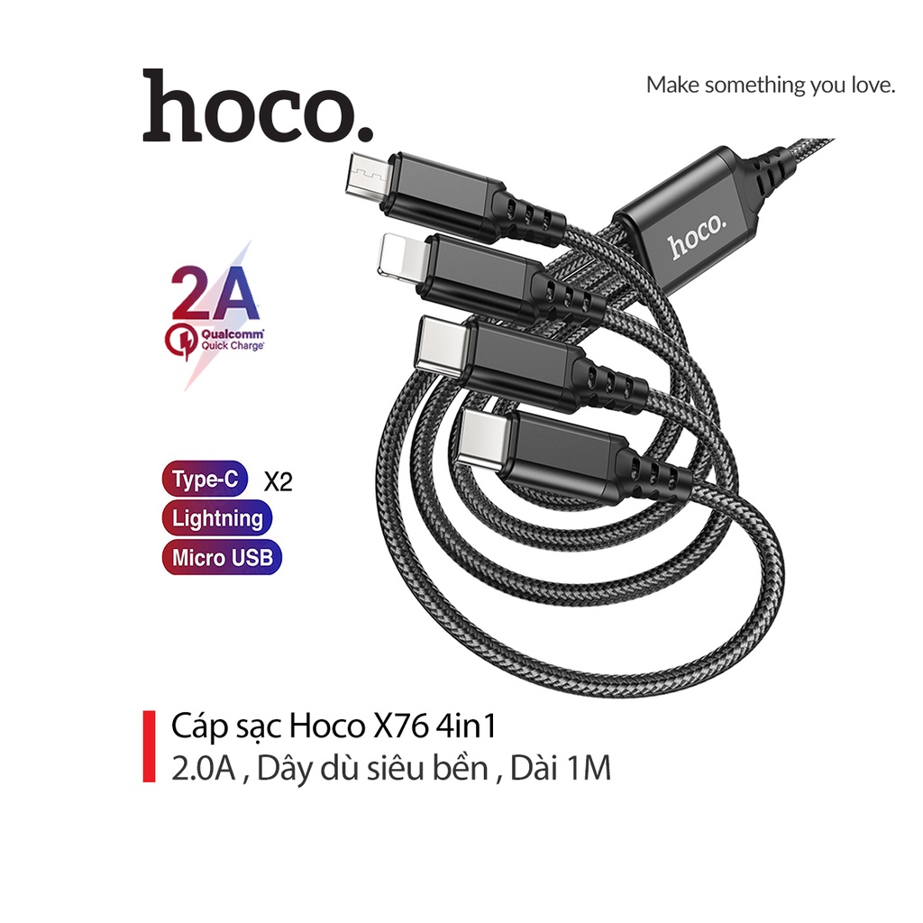 Cáp sạc 4 đầu sạc nhanh 2A hoco. X76 vải dù siêu bền dài 1M ( 2 Type-C ) dài 1M
