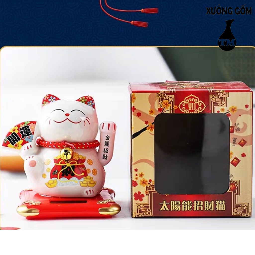 Mèo Thần Tài Vẫy Tay Sạc Bằng Năng Lượng Xưởng Gốm TM Bát Tràng 10CM