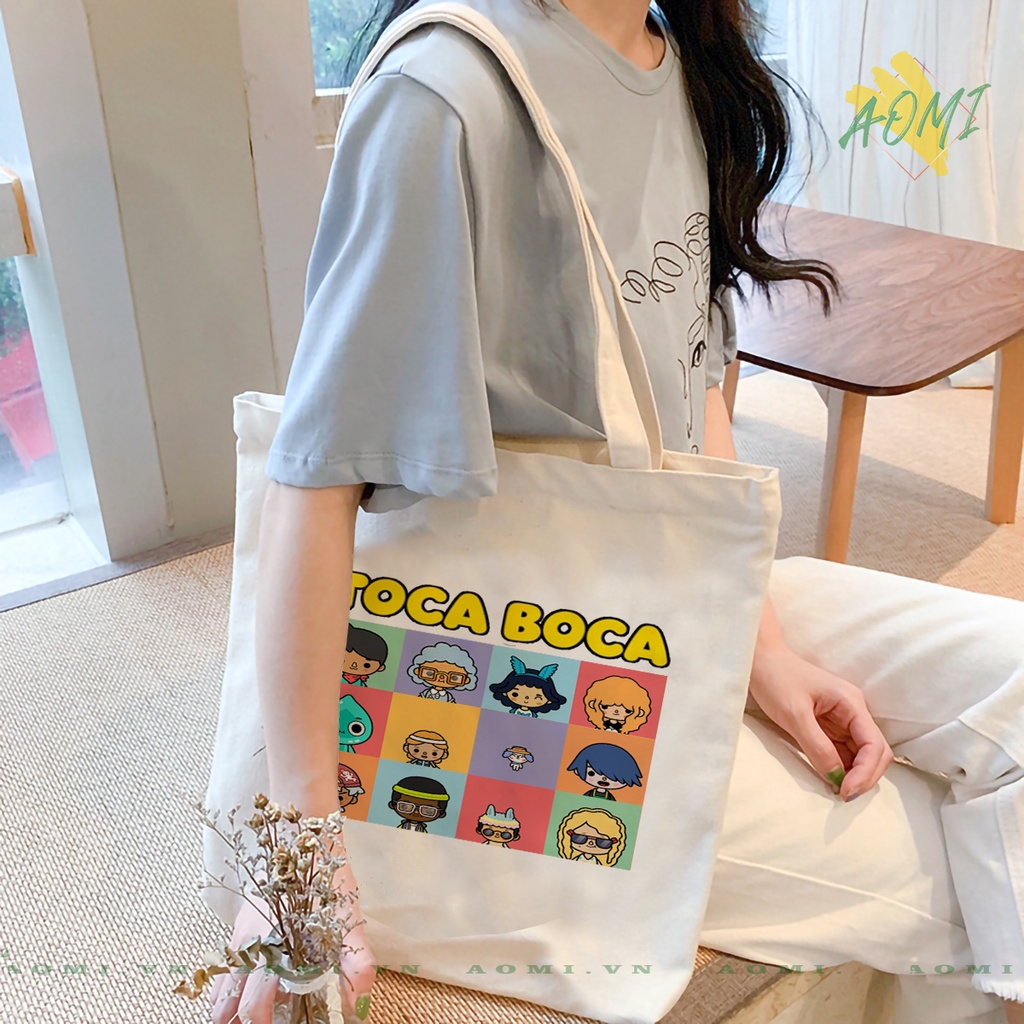 TOTE CANVAS TOCA BOCA LIFE FORM TRÒN TÚI VẢI ĐEO VAI BAG NÚT BẤM SIZE LỚN AOMIVN DU LỊCH DẠO PHỐ CÁ TÍNH