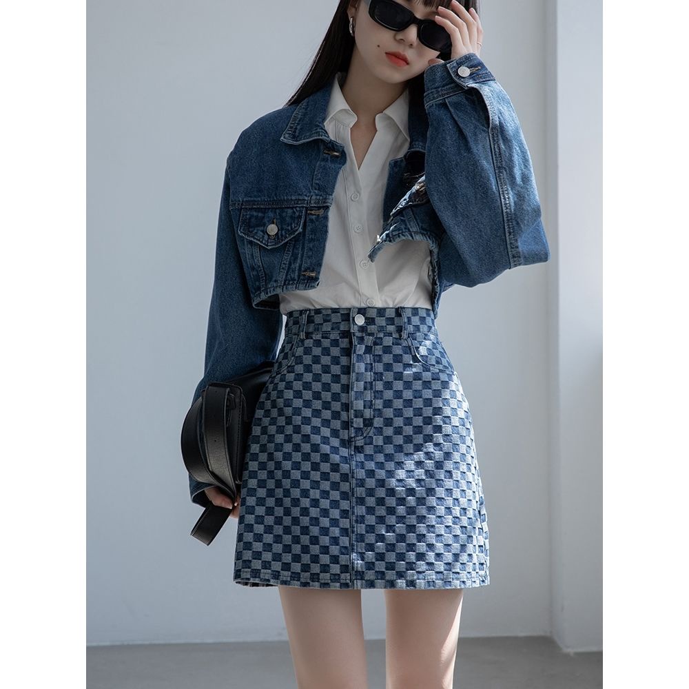 Chân váy jean Chữ A Lưng Cao Họa Tiết Sọc Caro Phong Cách Retro Cho Nữ