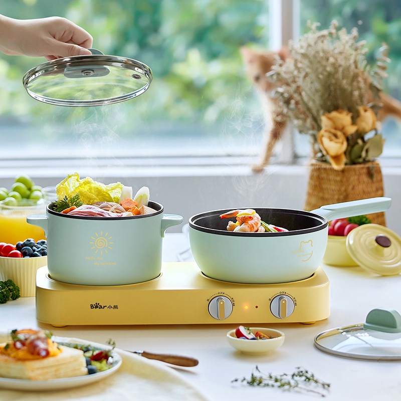 Set Bếp Điện Đôi Bear Gồm Chảo Và Nồi Có Nắp Đậy Bằng Kính Và Chống Dính Tiện Lợi Ở Một Mình Hoặc Sinh Viên
