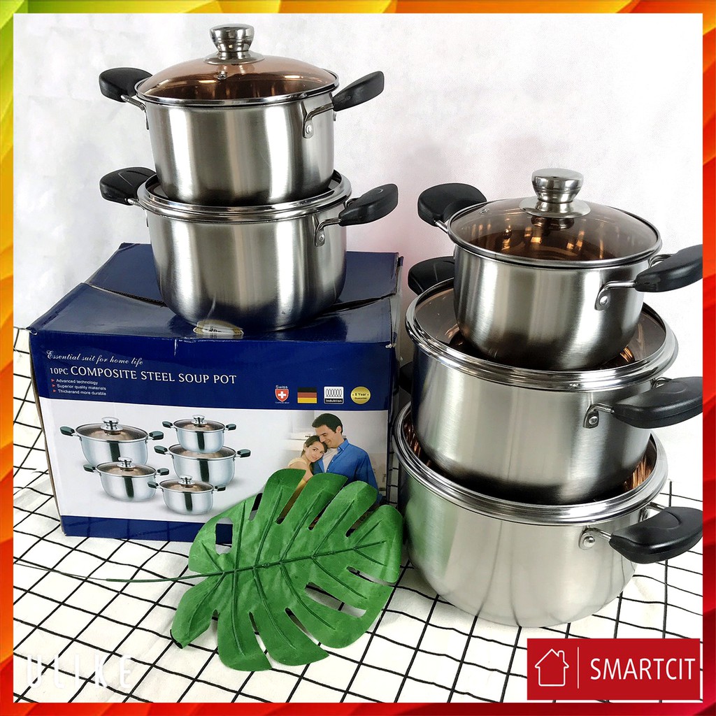 [FREESHIP] Bộ nồi inox Đức cao cấp 5 món hàng chính hãng vung kính Composite Steel Soup Pot