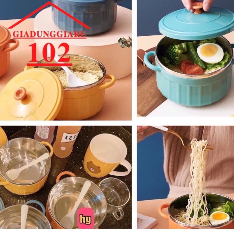 Bát úp mì - Bát ăn mì tôm inox 2 lớp cách nhiệt hình chiếc nồi có nắp đậy