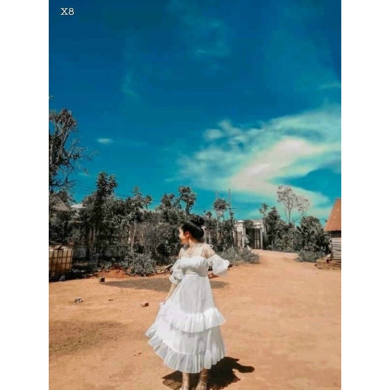 [Ảnh + Clip thật] ĐẦM VÁY MAXI TRẮNG TẦNG TRỄ VAI BOHO VINTAGE BOHEMIAN XINH NHƯ CÔNG CHÚA | BigBuy360 - bigbuy360.vn