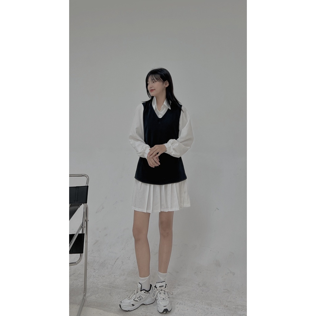 Set váy đầm nữ trắng dài tay phối gile đen cổ sơ mi đuôi xếp ly kèm đai freesize phom rộng học sinh diện tết hàn quốc | BigBuy360 - bigbuy360.vn