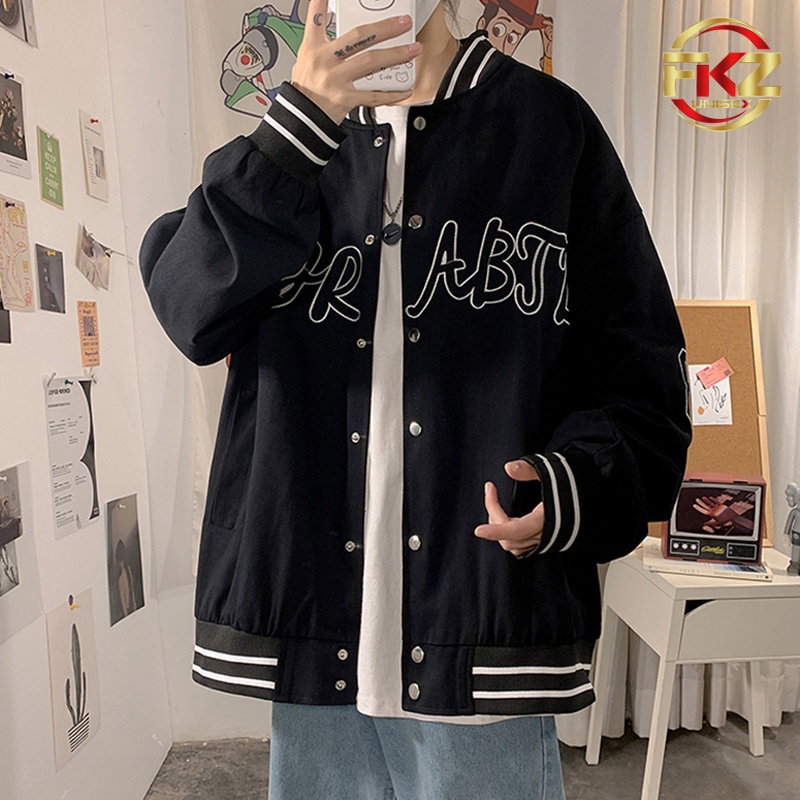Áo Bomber Bóng Chày Kaki FKZ Unisex Thêu Chữ ADBJ Phong Cách