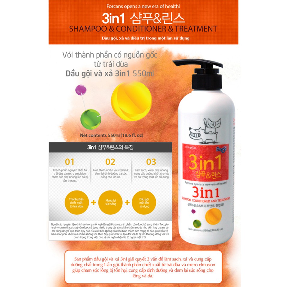 Dầu gội, xả và dưỡng 3in1 Forcans 550ml dành cho chó mèo