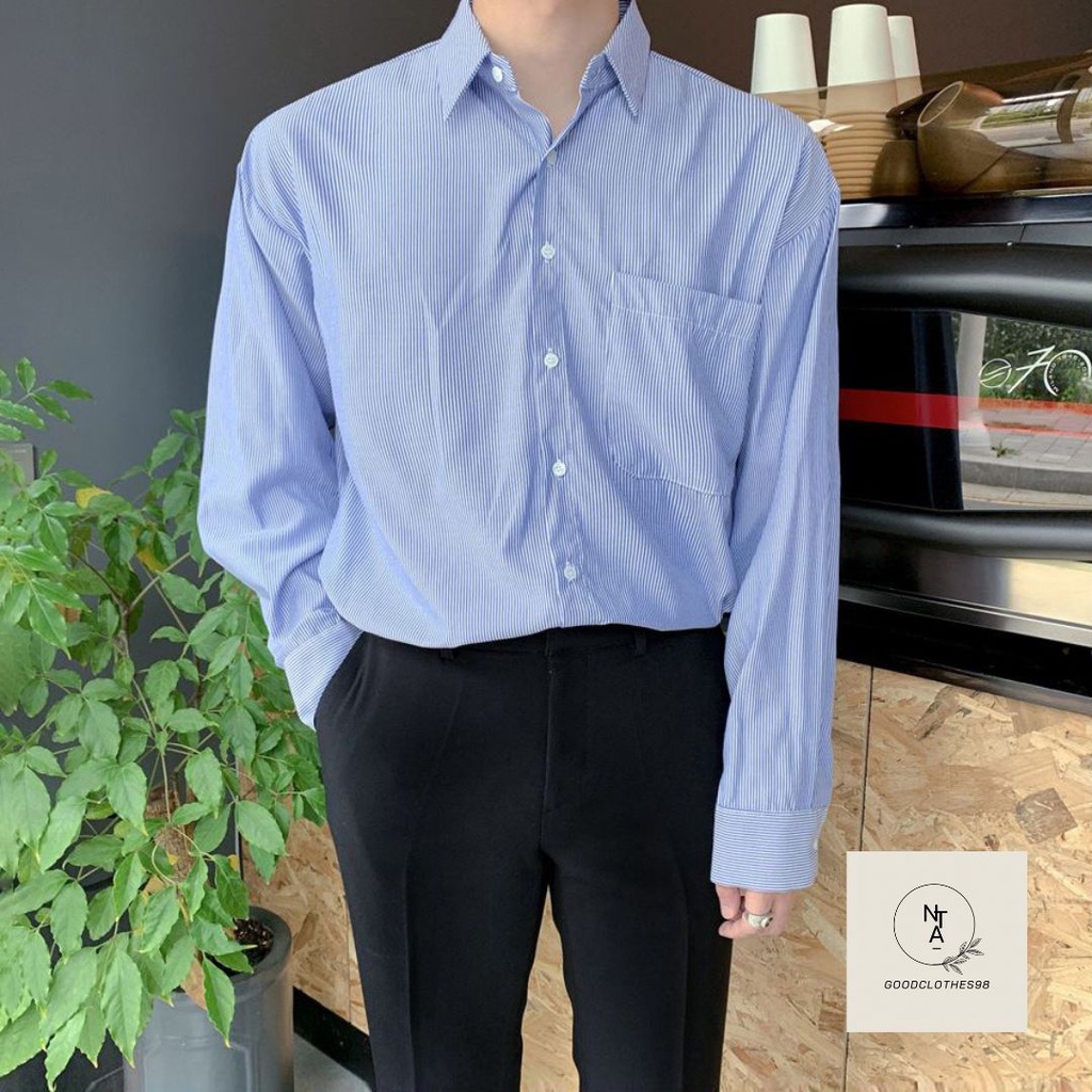 Áo sơ mi kẻ sọc xanh phong cách Hàn Quốc