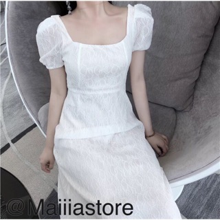 ORDER Đầm xoè ren trắng cổ vuông tay bồng tiểu thư