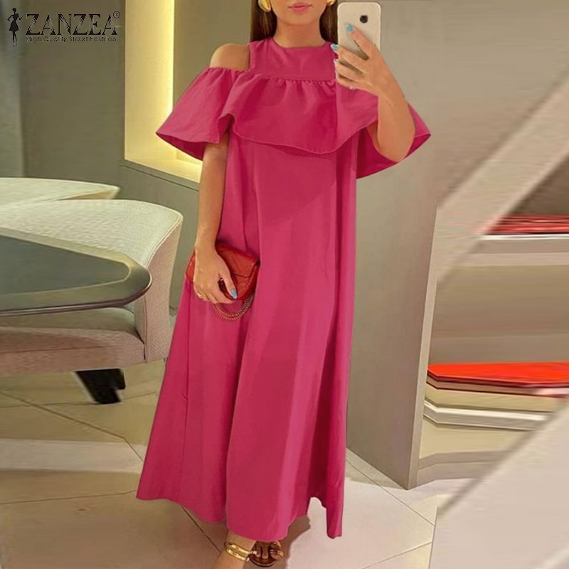 Đầm Zanzea dài dáng rộng hở vai phối bèo thời trang cho nữ