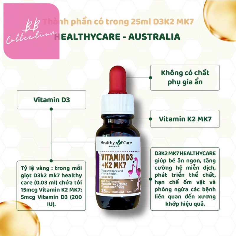 Vitamin D3 K2 MK7 25ml Healthy Care của Úc