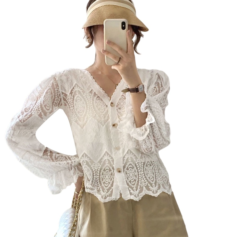 Áo Cardigan Ren Tay Phồng Cổ Chữ V Cài Nút Thêu Hoa Phong Cách Pháp Thời Trang Mùa Xuân Cho Nữ Ja