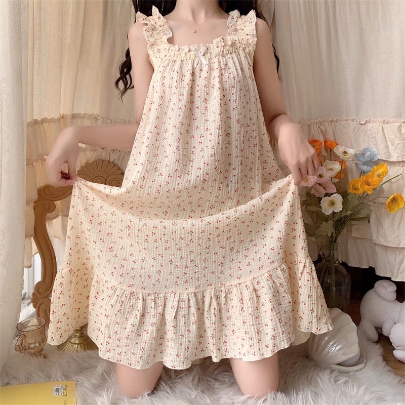 Đồ ngủ Hai Dây Dáng Rộng Vải Mỏng Màu Trơn Kiểu Pháp Dễ Thương Thời Trang Mùa Hè Cho Bạn Gái