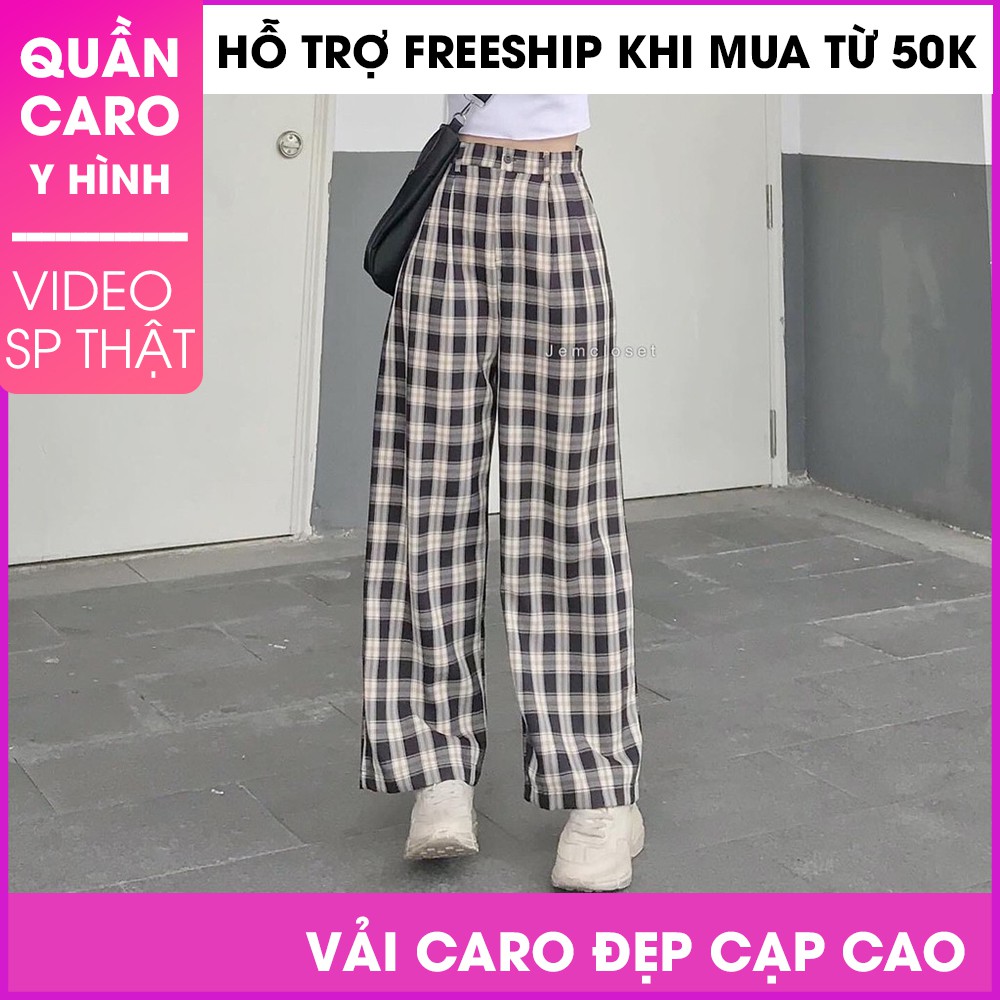 Quần ống rộng caro chất thô mềm cạp chun siêu hot - Quần kẻ ống rộng màu trắng[ảnh thật]