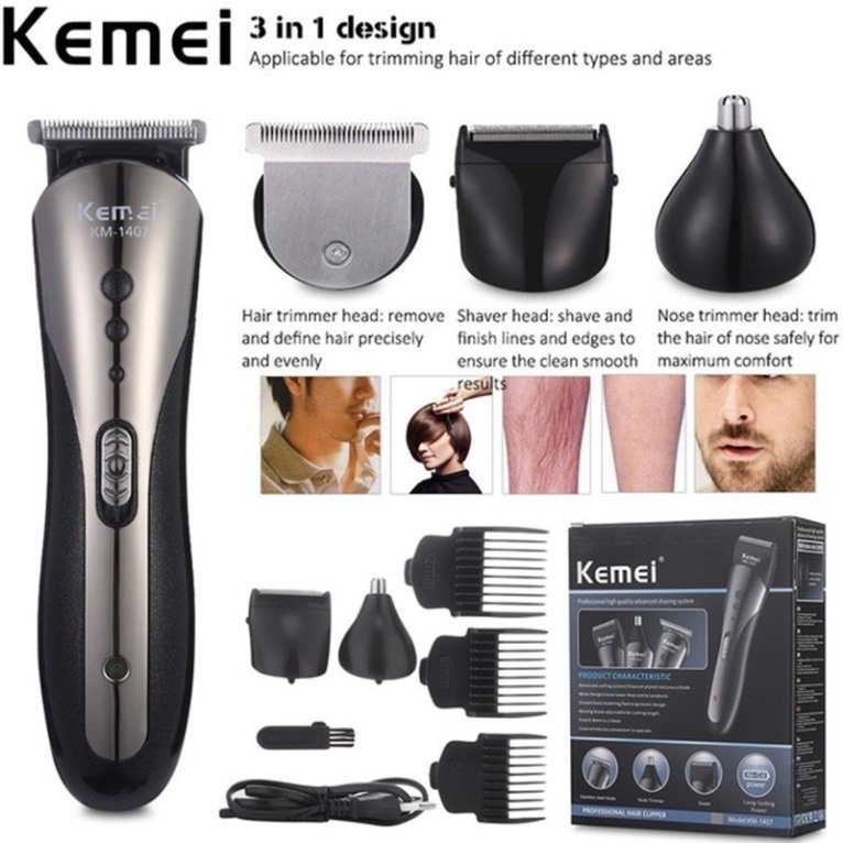 Tông Đơ Cắt Tóc Kemei KM-1407 - 3in1 Cắt Tóc - Tỉa Lông Mũi - Cạo Râu Chuyên Nghiệp Tặng Kèm 8 Phụ Kiện Cao Cấp