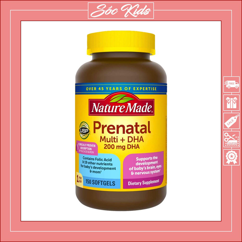 Vitamin Bầu Prenatal Multi DHA Mẹ Khoẻ Bé Thông Minh - CHUẨN USA | DATE 2023 | MẪU MỚI | 150 VIÊN | SÓC KIDS