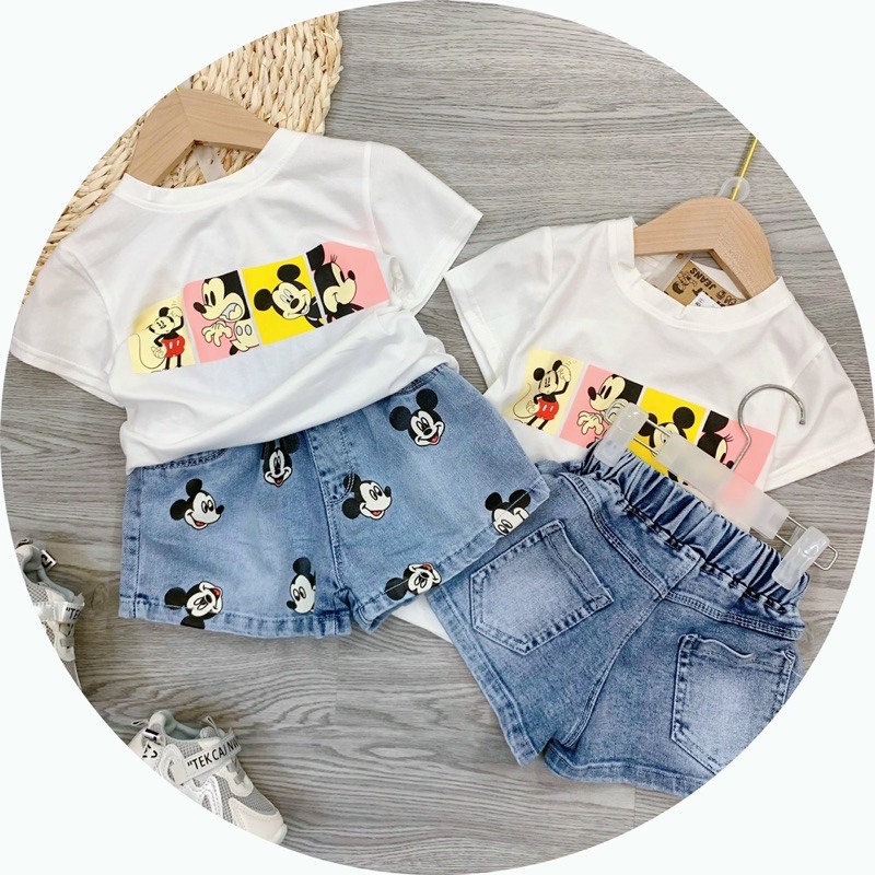 SET BÉ GÁI ÁO PHÔNG TRẮNG MICKEY MIX QUẦN BÒ