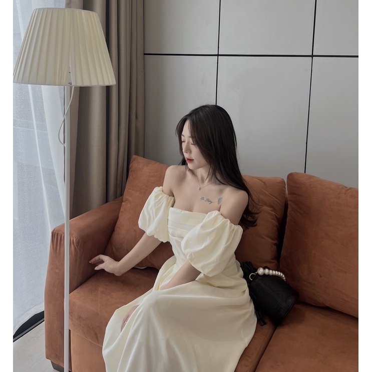 Đầm trễ vai tiểu thư, maxi dáng tay bồng đi biển có sẵn, váy trắng dài màu kem xinh , hình 2 shop chụp thật