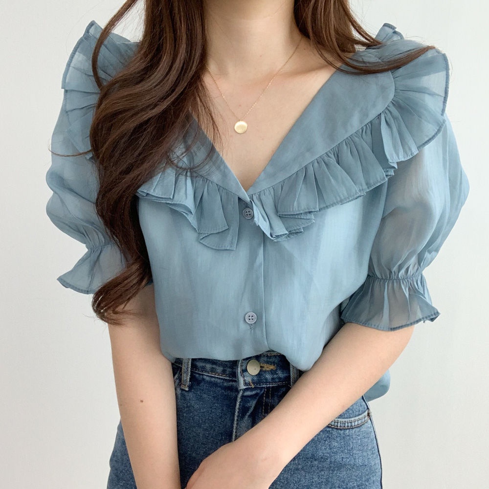 Áo chiffon Cổ Chữ V Tay Phồng Thời Trang Mùa Hè Cho Nữ