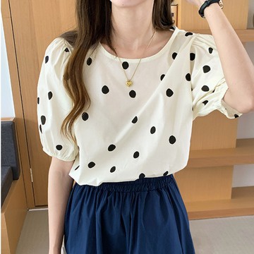 Plus Áo chiffon Cổ Tròn Tay Ngắn Dáng Rộng In Họa Tiết Chấm Bi Phong Cách Hàn Quốc Thời Trang Mùa Hè Cho Nữ