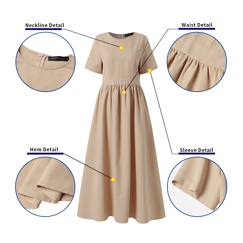 Đầm maxi ZANZEA ngắn tay có khóa kéo sau lưng thời trang cho nữ