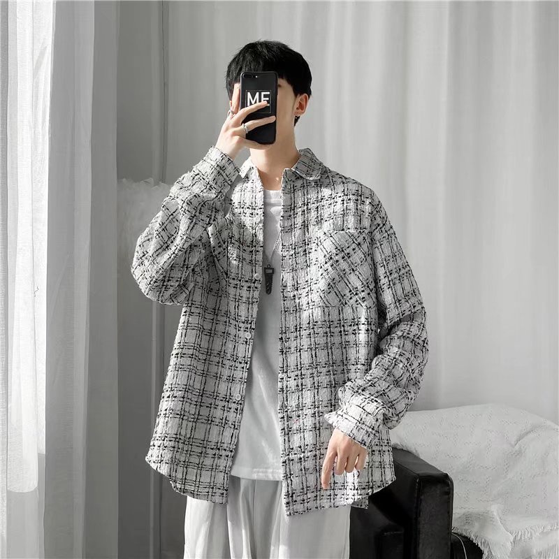 Áo khoác len tay dài dáng rộng kẻ sọc caro trắng đen thời trang thu đông phong cách Hàn Quốc cho nam và nữ