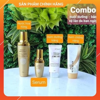 Combo dưỡng da ban ngày ( nước hoa hồng- serum- kem dưỡng trắng- kem chống nắng)