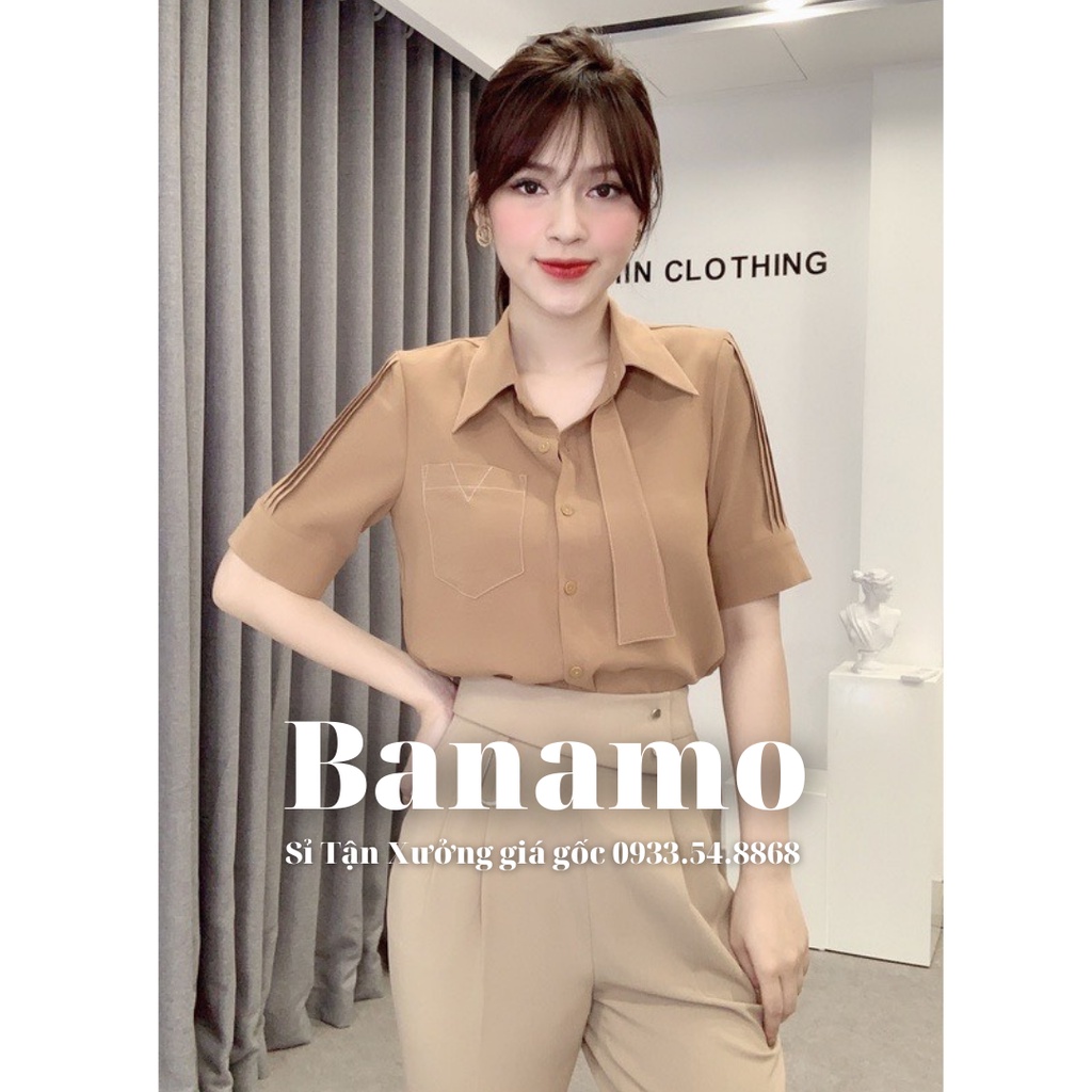 Áo sơ mi nữ cộc tay 3 màu Cavat kết hợp túi, viền tay thời thượng Banamo Fashion sơ mi Cavat 3 màu 3927