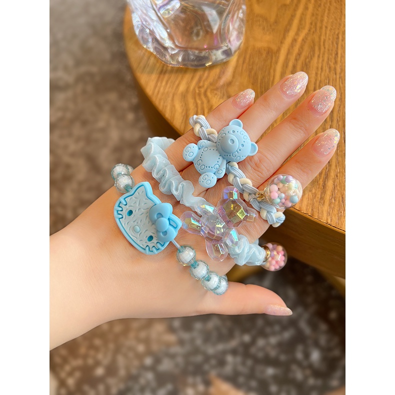 Băng Đô Cài Tóc Đính Hạt Hình Gấu Hello Kitty Màu Xanh Dương Phong Cách Nhật Bản