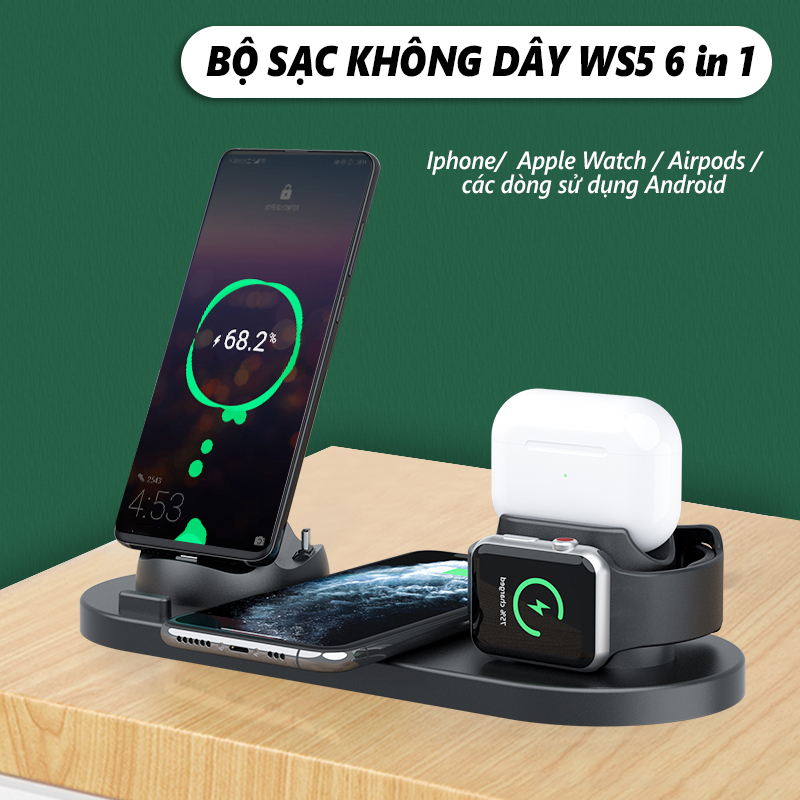 Bộ Sạc Không Dây Đa Chức Năng WS5 6 IN 1 - Sạc Nhanh, Đa Cổng, Tiện Lợi Khi Di Chuyển, An Toàn, Bảo Hành Uy Tín