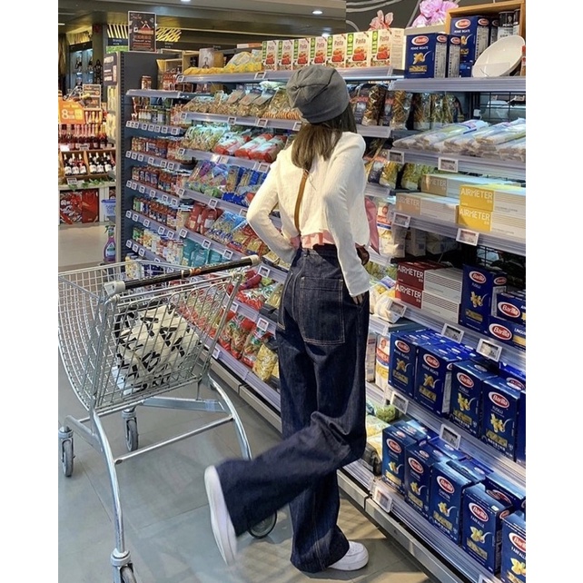 Quần Jean cạp cao ống rộng màu denim hack dáng