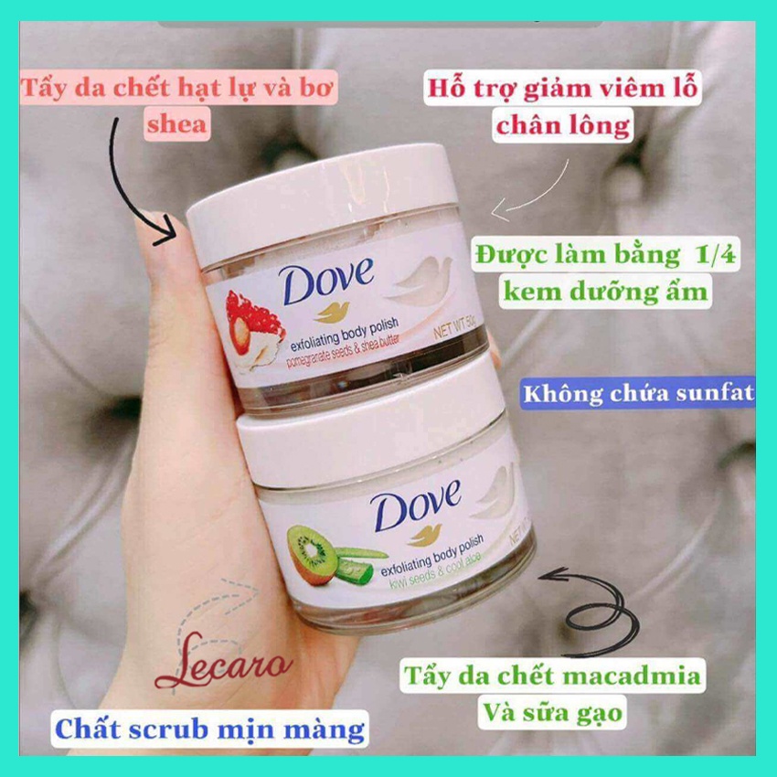 Tẩy tế bào chết DOVE 50G, hương kiwi, lựu đỏ giúp da mềm mại; trắng sáng, hấp thụ sữa dưỡng thể tốt hơn LECARO