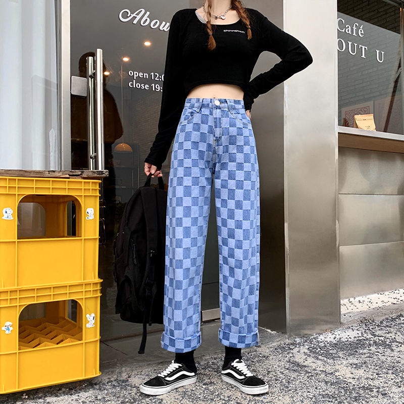 Quần jean IELGY ống rộng dáng suông họa tiết sọc mới cho nữ