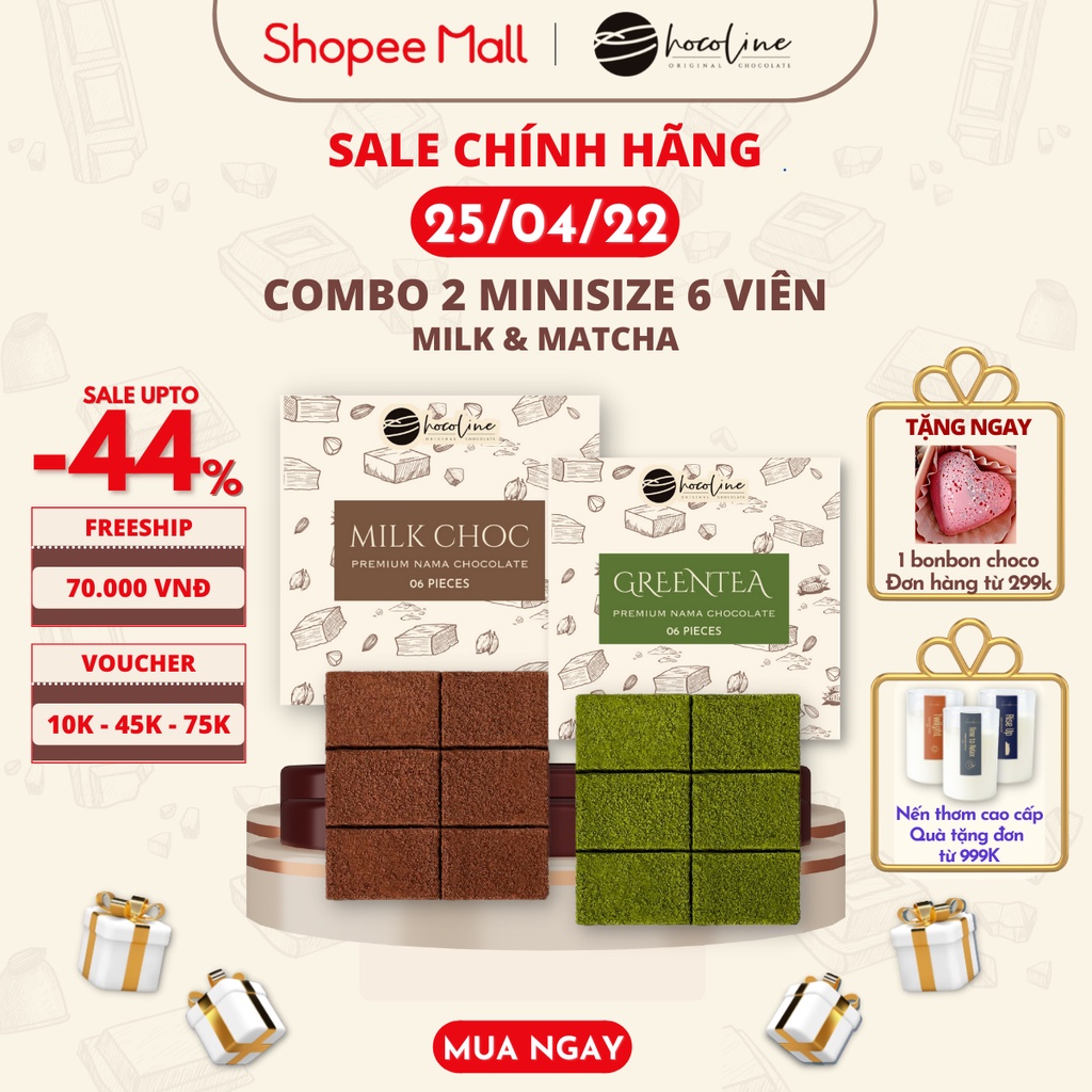 Socola Tươi Chocoline Vị Matcha Trà Xanh, Vị Sữa Milk Choc - Combo 2 hộp 6 Viên (80gram)