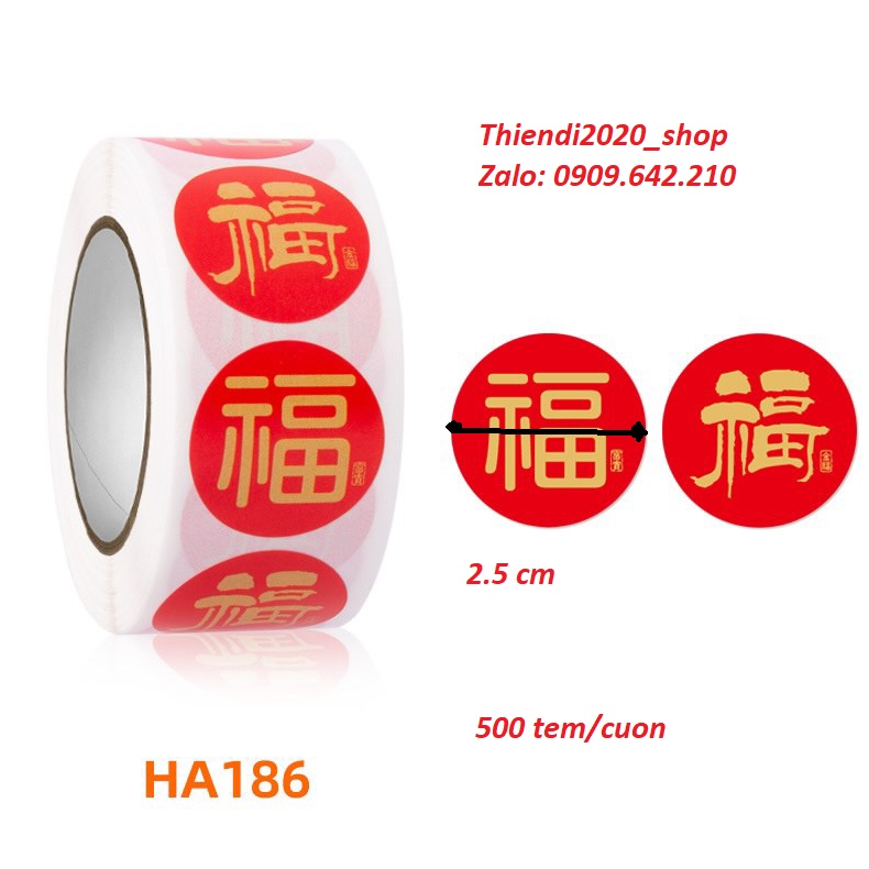 TEM TẾT_ Tem cuộn chữ " Happy new year" và tiếng hoa đ.kính 2.5cm_3.8cm_Sticker Tết