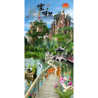 Tranh dán tường 3D phong thủy - vải lụa phủ kim sa (Kích thước theo yêu cầu)