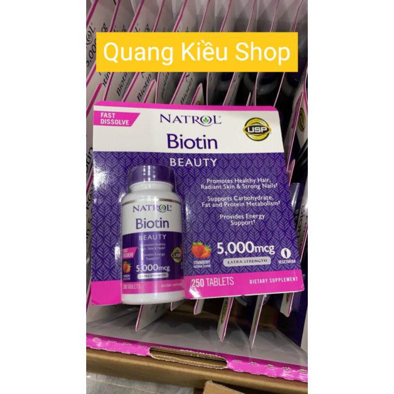 Viên ngậm hương dâu Natrol Biotin Beauty 5000mcg Extra Strength 250 viên Mỹ