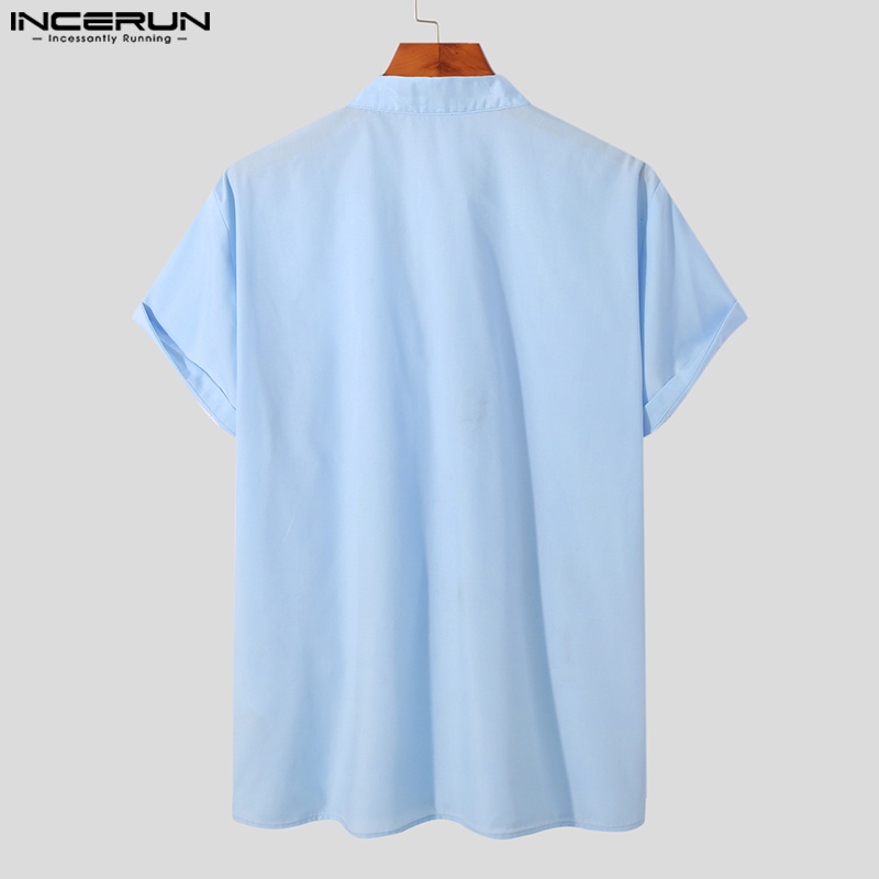 Áo sơ mi cotton INCERUN ngắn tay cổ chữ v màu trơn thời trang mùa hè cho nam
