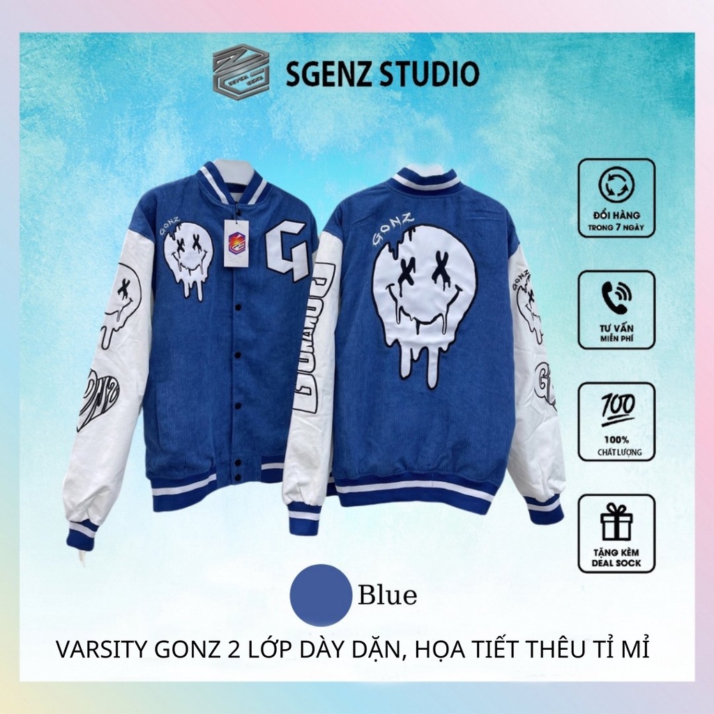 Áo khoác bomber, varsity jacket GONZ Blue nhung tăm Full Face form rộng nam nữ, áo khoác bóng chày gonz