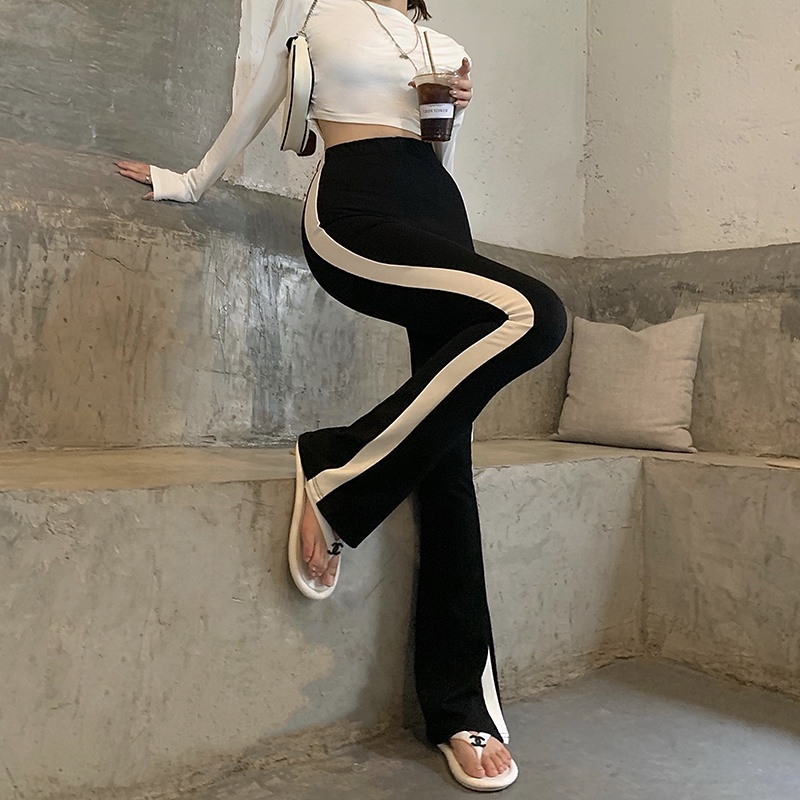 Quần dài lưng cao màu sắc tương phản thiết kế thời trang cho nữ