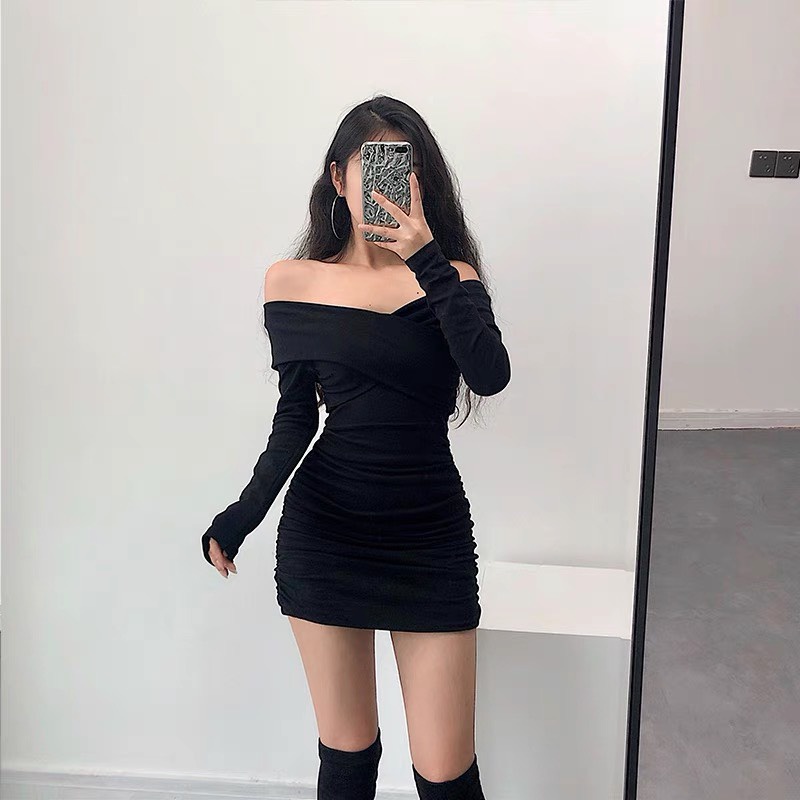Đầm ôm body đen bẹt trễ hở vai tay dài tôn dáng sexy ulzzang