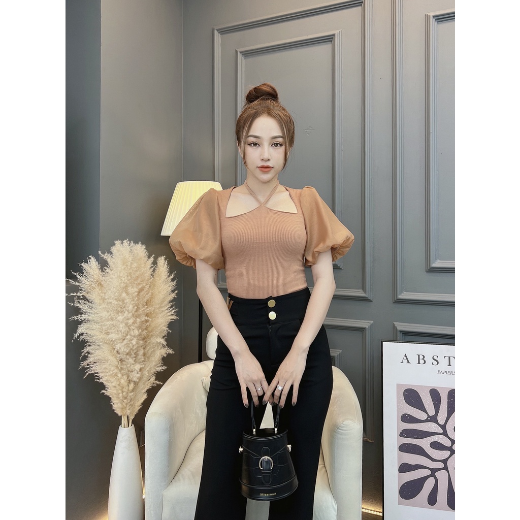 Áo thun cổ yếm nữ CRAZYTEEN tay bồng sang trọng AT0287